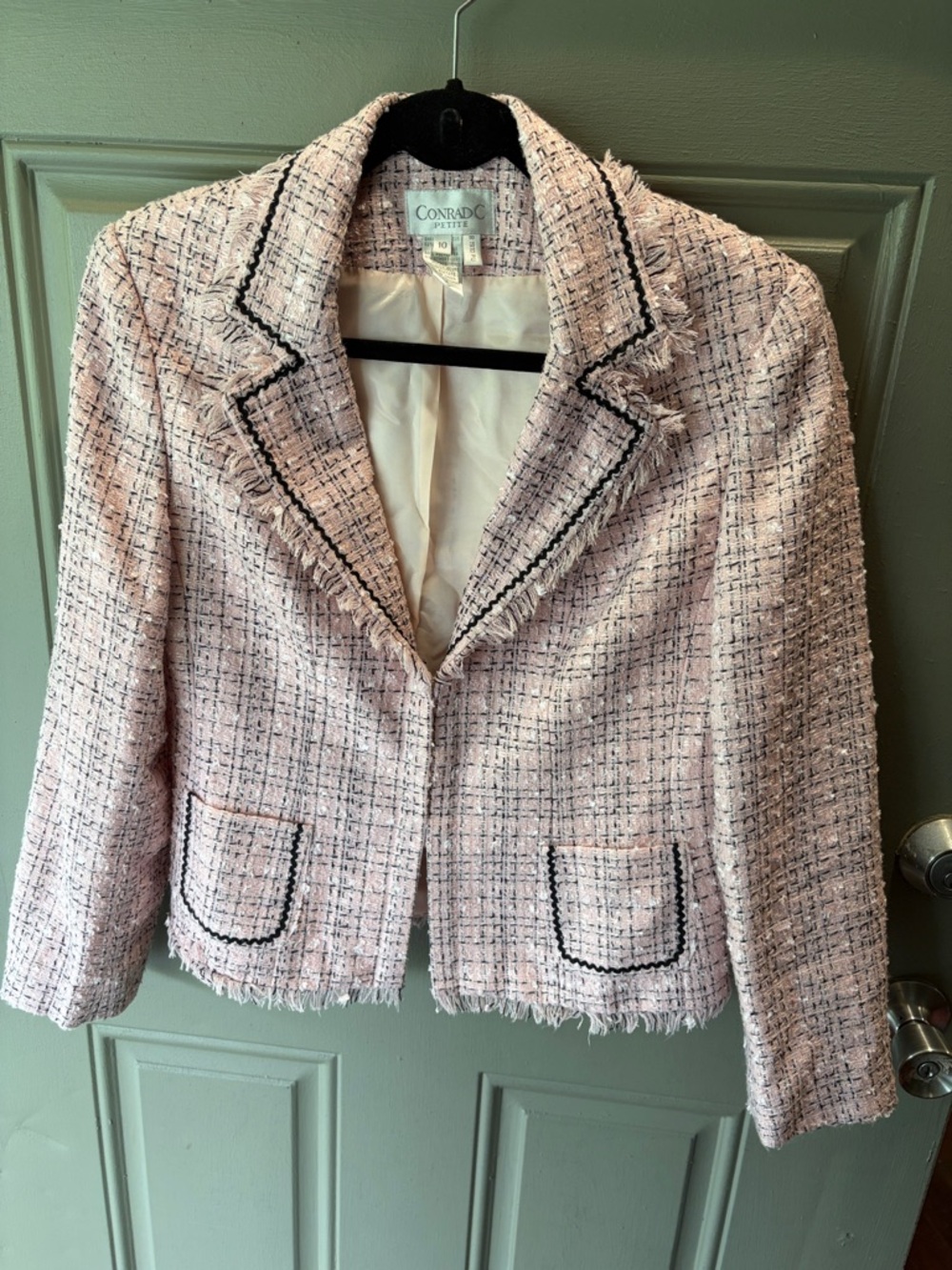 Conrad C Petite Pink Tweed Frayed-Edge Cropped Blazer